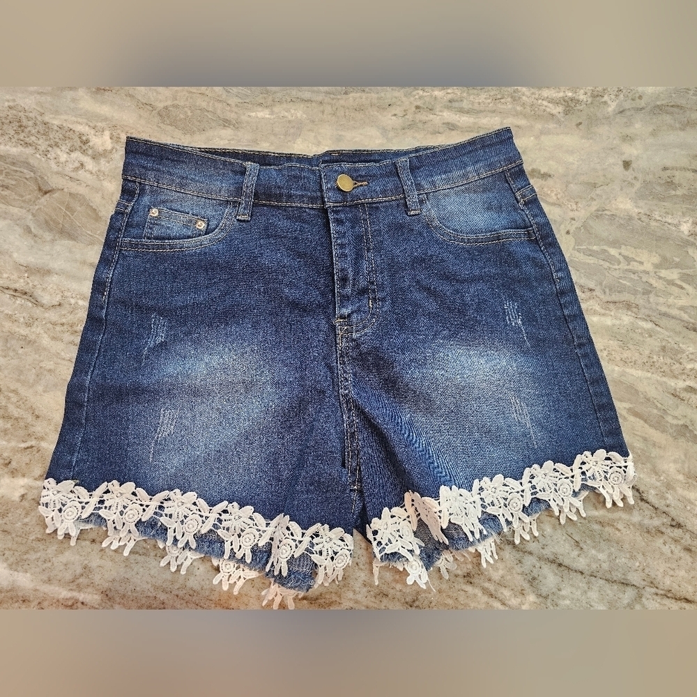 NEW! Distressed Denim Shorts with Lace Trim | Size M | Boho Festival Style